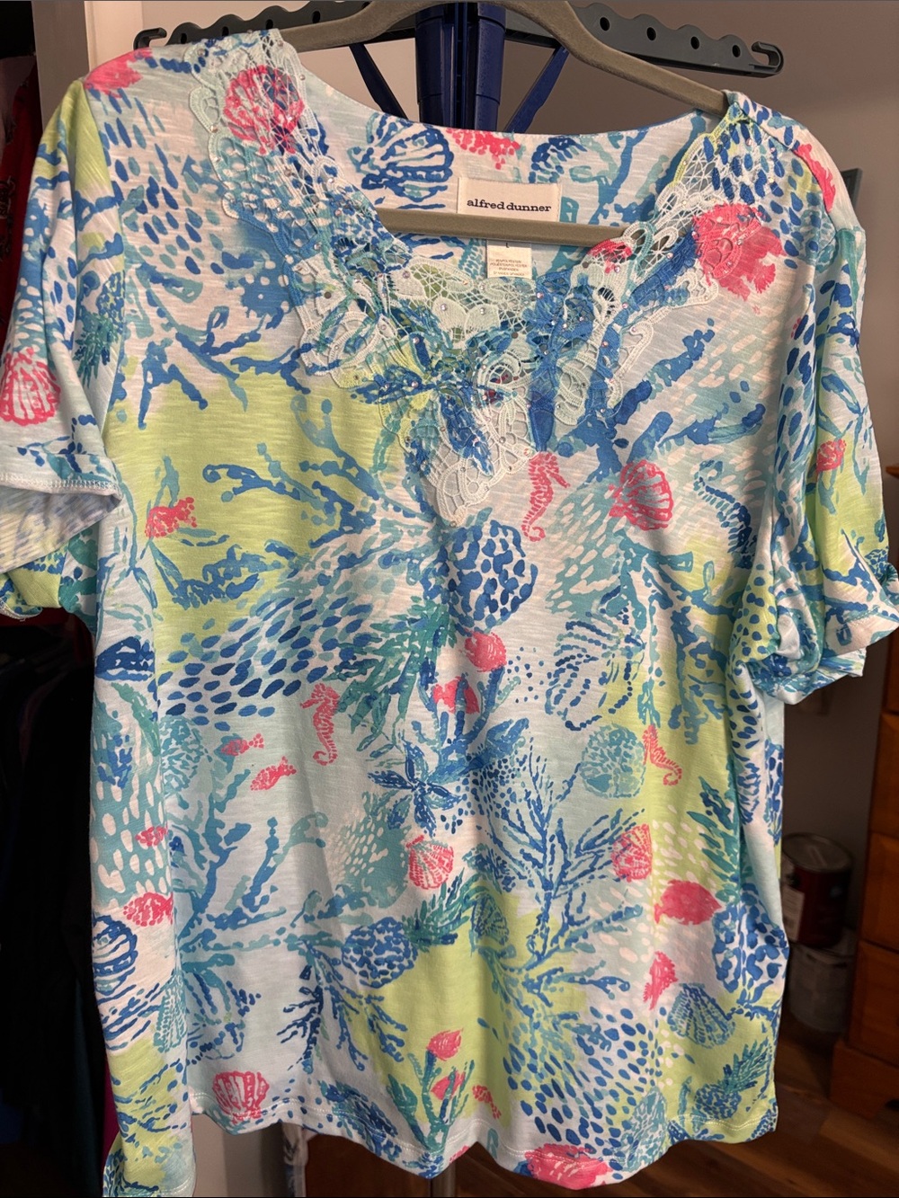 Alfred Dunner Floral Sea Life Lace-Trim Short Sleeve Top - Blue, Green, Pink